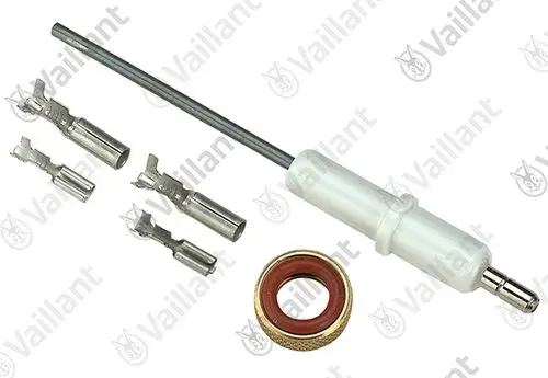 Vaillant Elektrode mit Metallstift, umgeben von mehreren Kabelverbindern und einer Dichtung. Teile für Heizungsanwendungen.